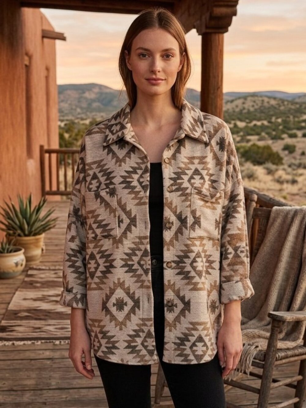 Aztec Pattern Shacket Jacket Beige Brown Davi & Dani Large